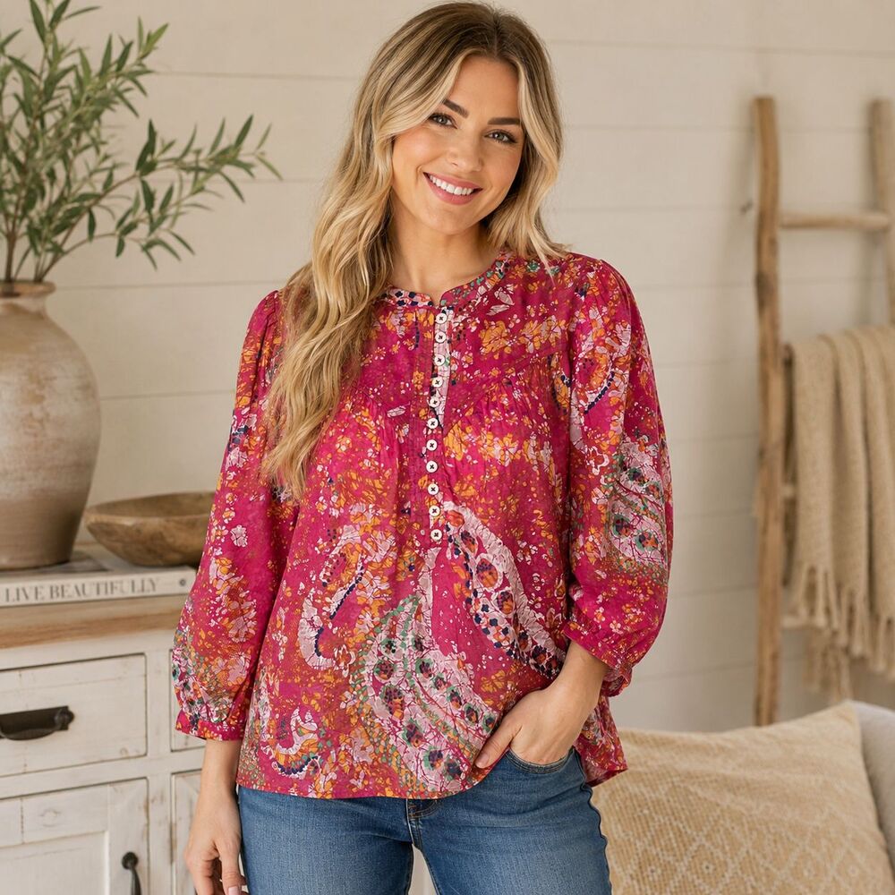 Ivy Jane Explosion of Color Top Medium Pink Paisley Boho Cotton Peasant Blouse